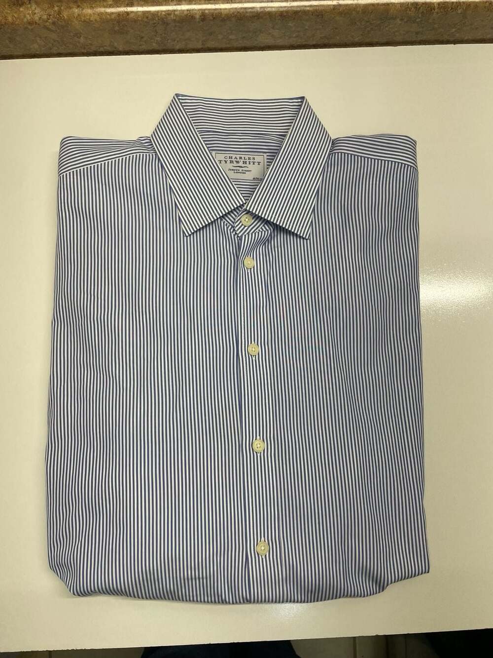 Charles Tyrwhitt Dress Shirt 18/37in Blue White Cotton Striped Long Sleeve